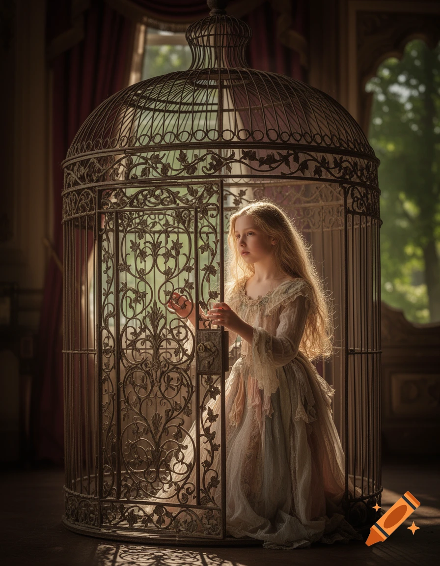 A young blonde girl in a flowing dress kneels inside an ornate Victorian birdcage, bathed in sunlight from a window.