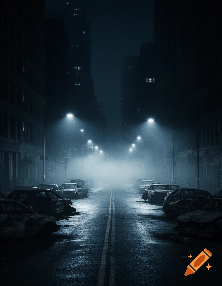 A dark, foggy city street at night, lined with abandoned, derelict cars under glowing streetlights, creating a suspenseful, post-apocalyptic scene.