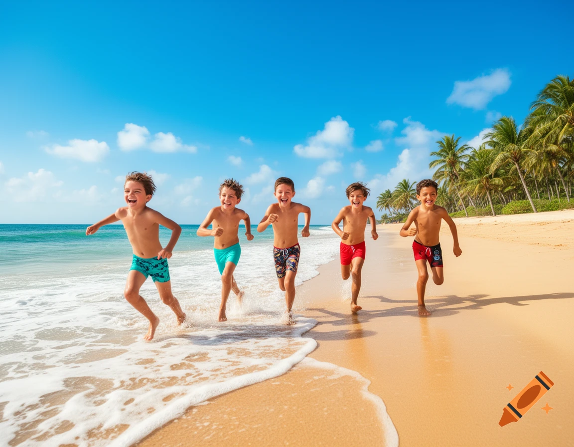 Five happy boys in swim trunks run along a sunny tropical beach at the edge of the ocean.