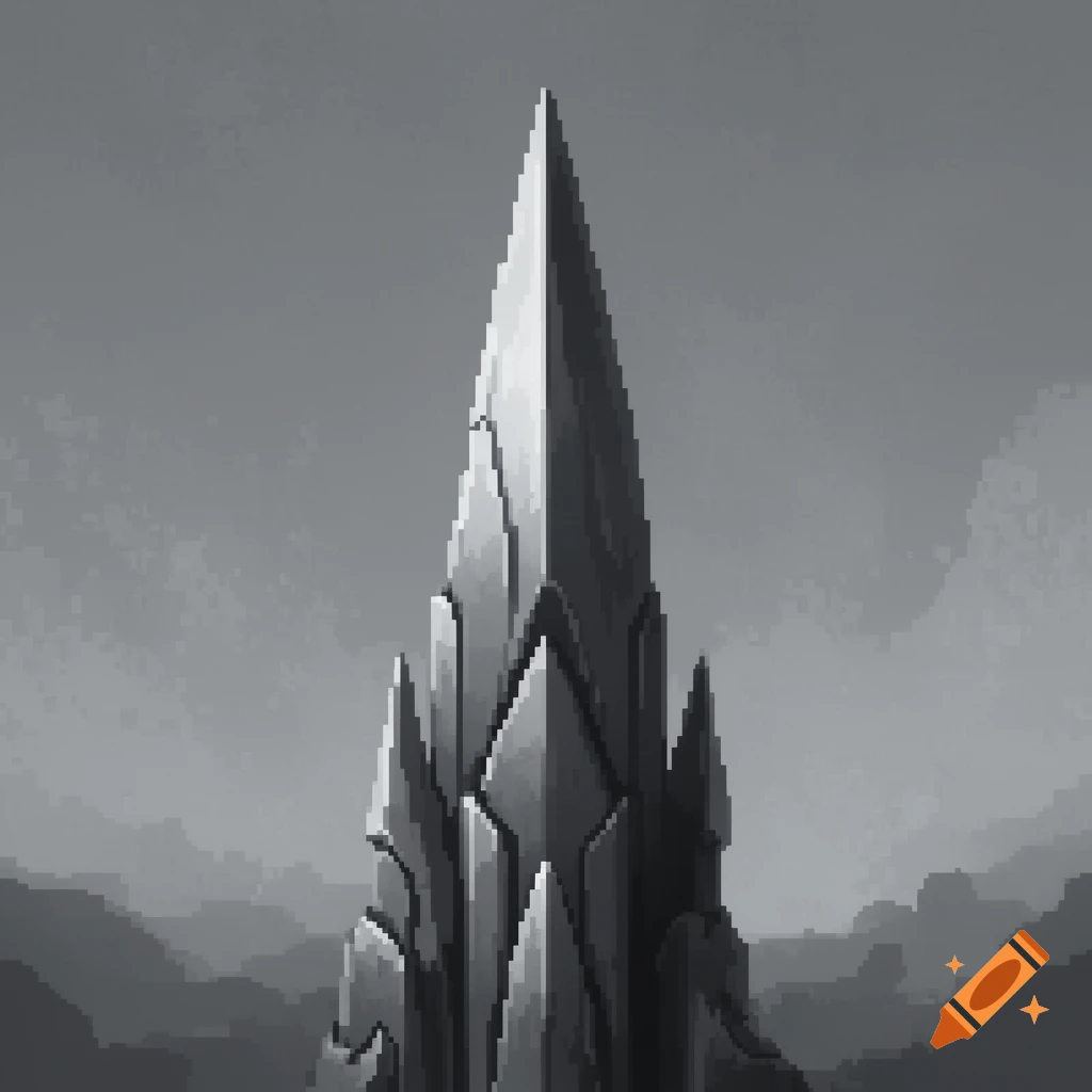 A tall, jagged, grey pixel art spike or rock formation against a monochromatic sky and distant mountains.