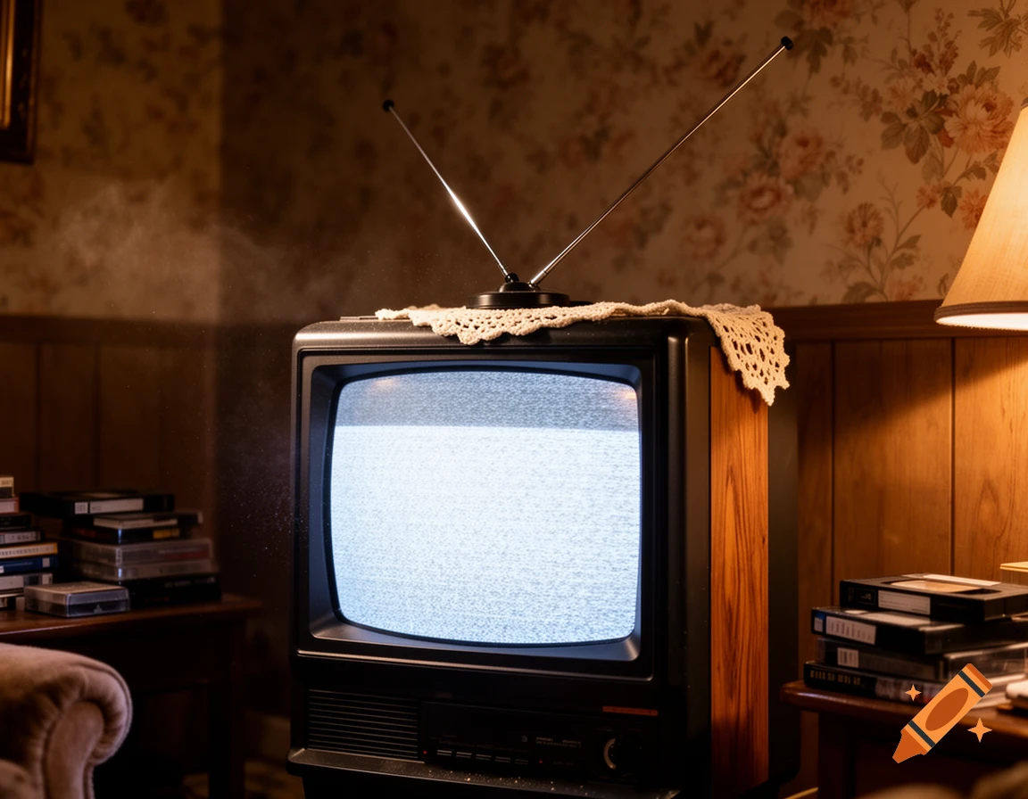 A vintage CRT television displaying static in a dimly lit, retro room with floral wallpaper.