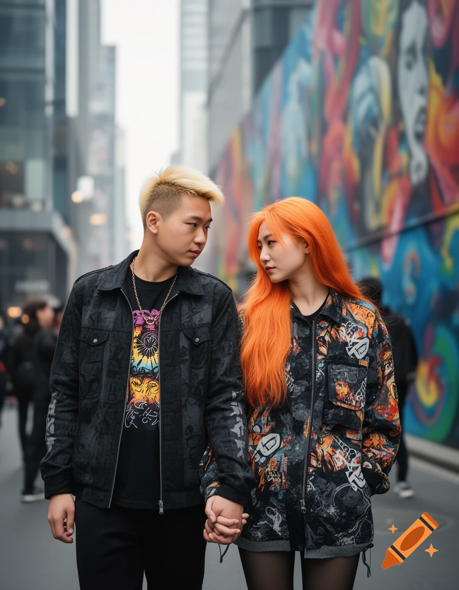 Photorealistic portrait of a stylish young couple, man with blonde hair, woman with orange hair, holding hands on a city street with a vibrant graffiti mural.