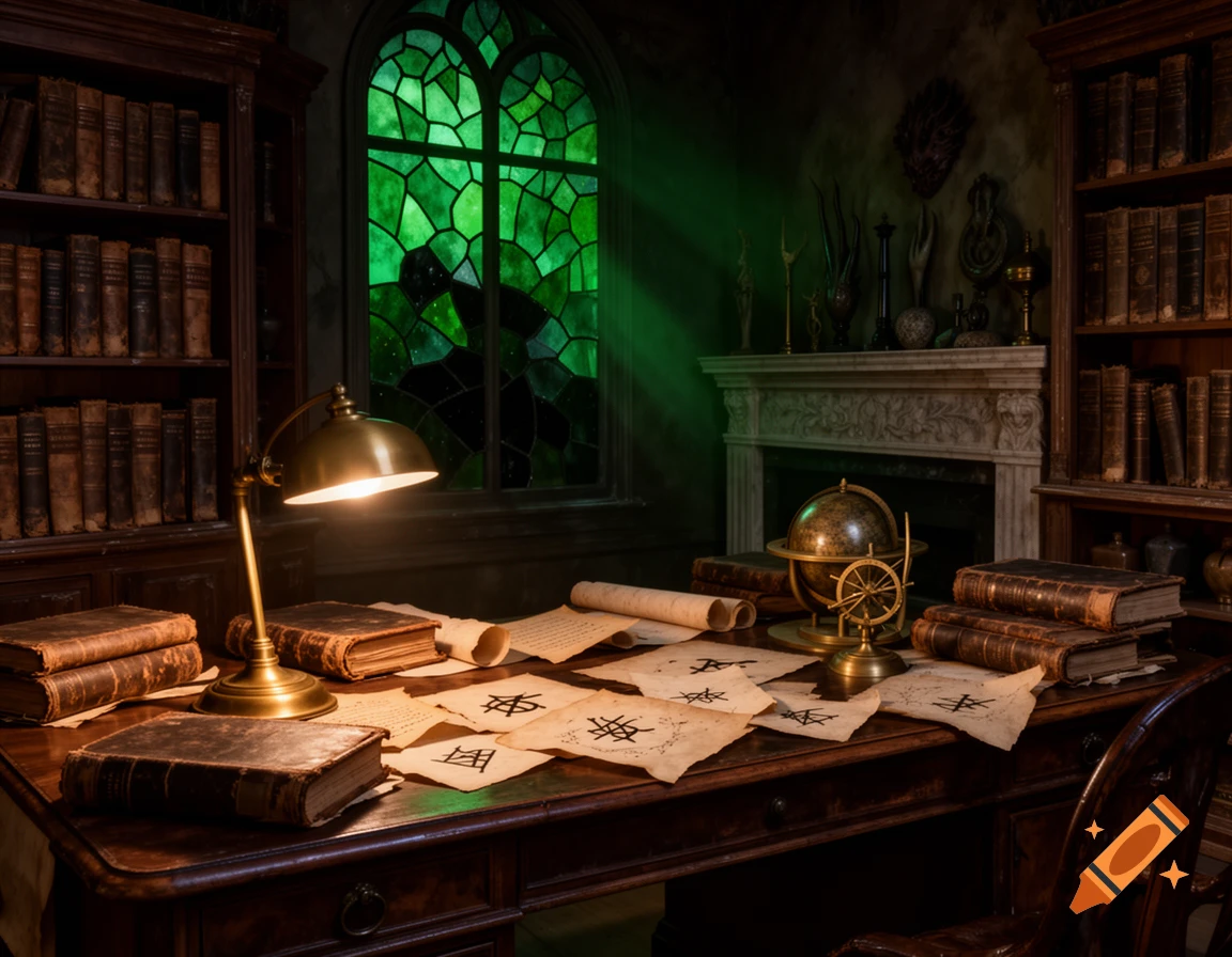 A dimly lit, antique study with bookshelves, a desk covered in old books and occult symbols, and a green stained glass window.