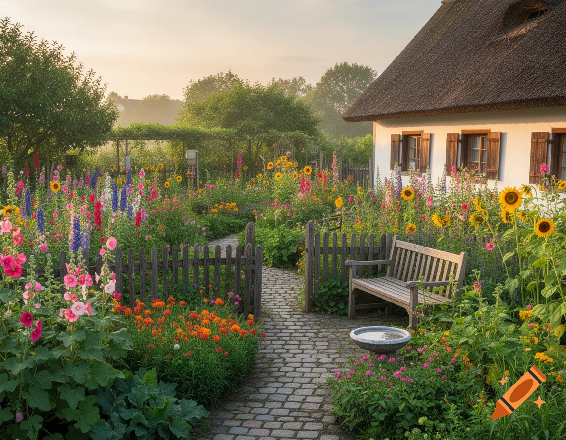 Vibrant cottage garden featuring a cobblestone path, a rustic house with a thatched roof, colorful flowers, a wooden bench, and a birdbath.