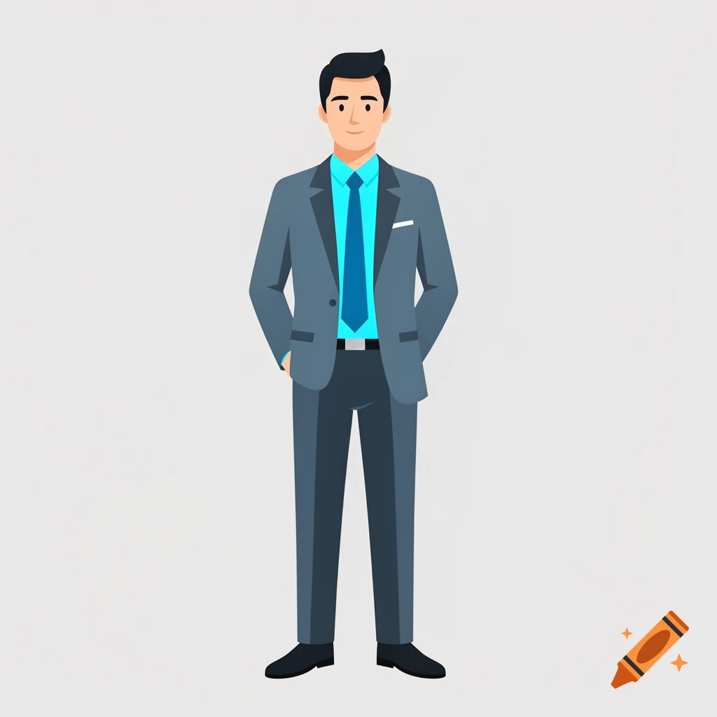 A stylized 2D vector illustration of a professional man in a gray suit and blue tie, standing on a light gray background.