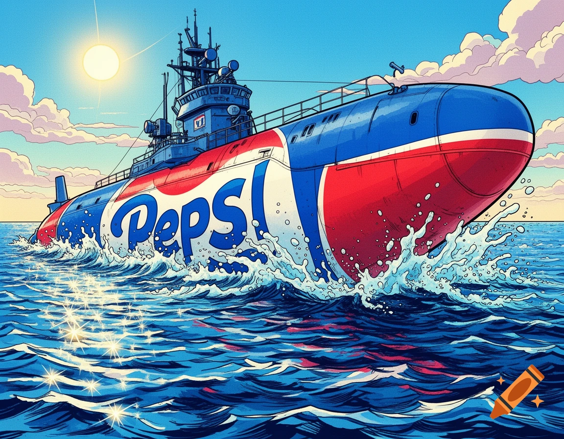 A pop art illustration of a large red, white, and blue Pepsi submarine sailing through sparkling ocean waves on a sunny day.