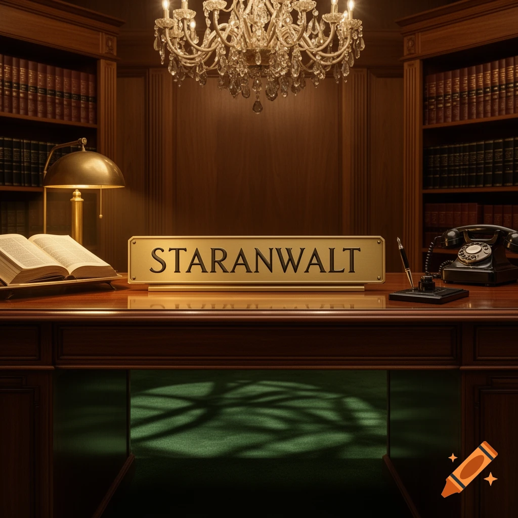 A lavish wooden desk in a richly paneled office, featuring a 'STARANWALT' nameplate, an open book, a brass lamp, and a vintage telephone, under a crystal chandelier.