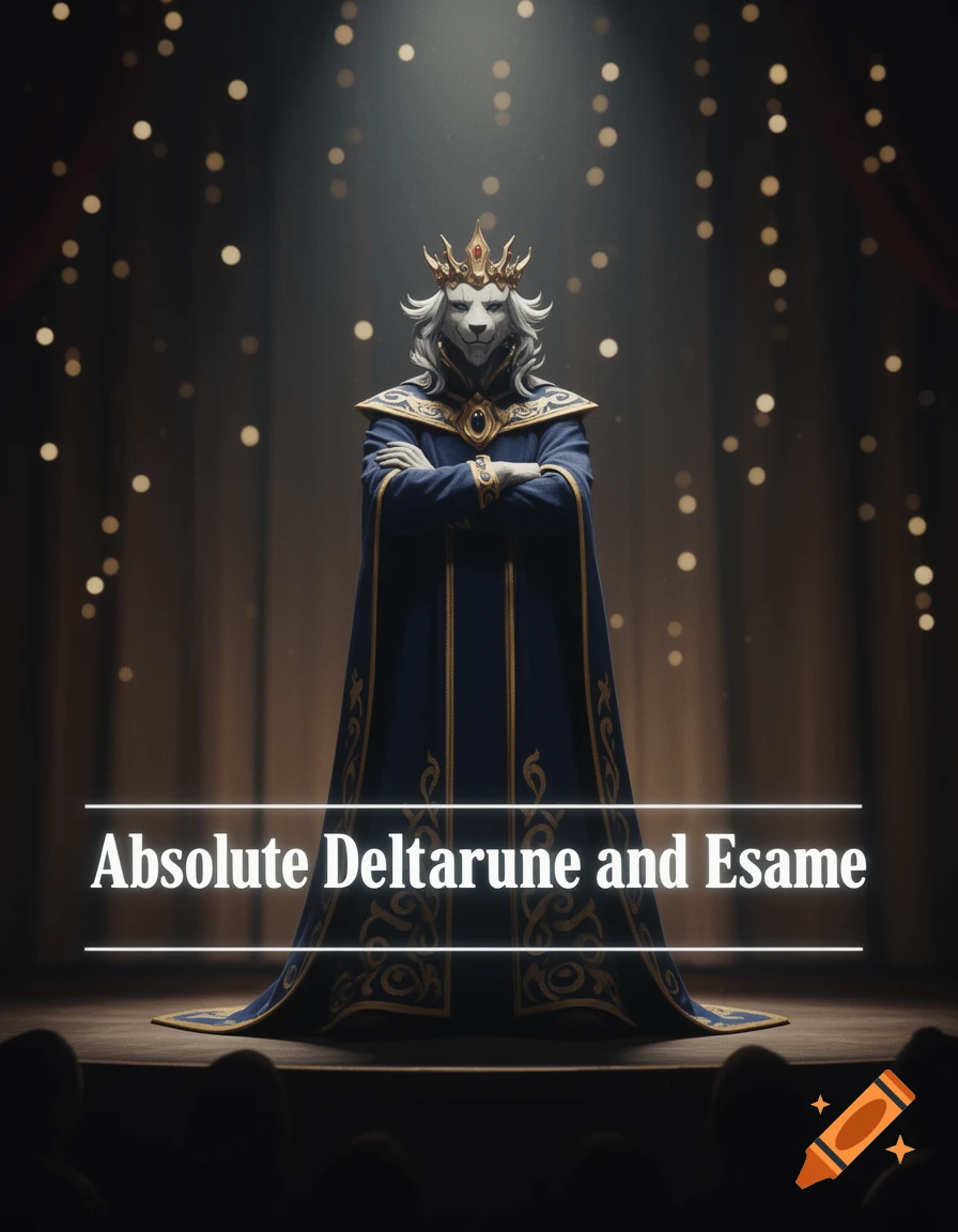 A majestic lion-like king, Asgore from Deltarune, in a blue robe stands on a spotlighted stage with the title 'Absolute Deltarune and Esame'.