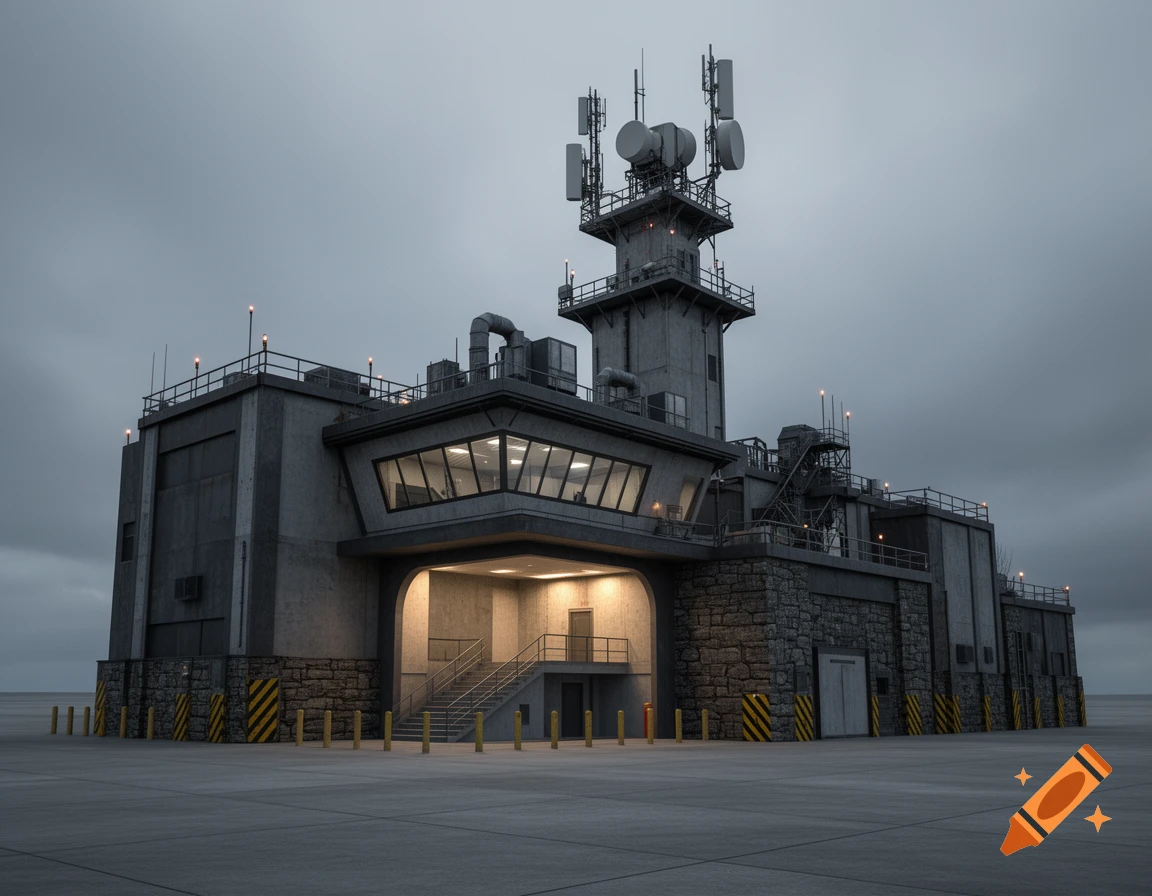 Photorealistic image of a large, gray concrete and stone industrial communications facility with an antenna tower and brightly lit entrance under an overcast sky.