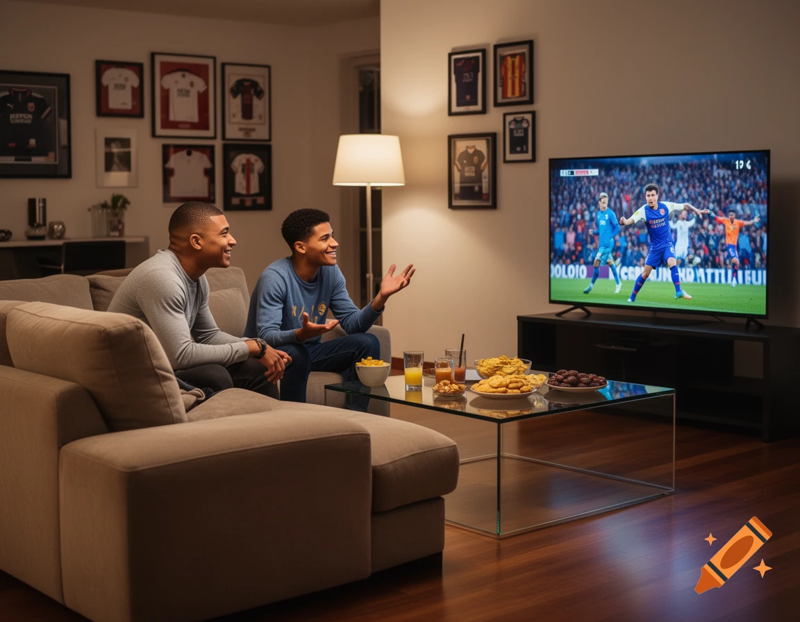 Two men on a couch watch a soccer game on TV, with snacks and drinks on a glass coffee table in front of them.