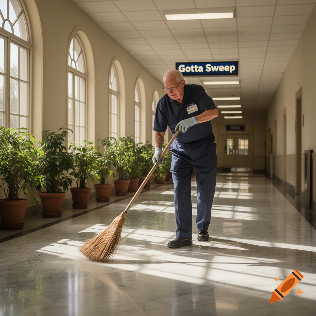 An older man in a navy uniform and gloves sweeps a brightly lit hallway lined with potted plants, a sign overhead reads 'Gotta Sweep'. Photorealistic.
