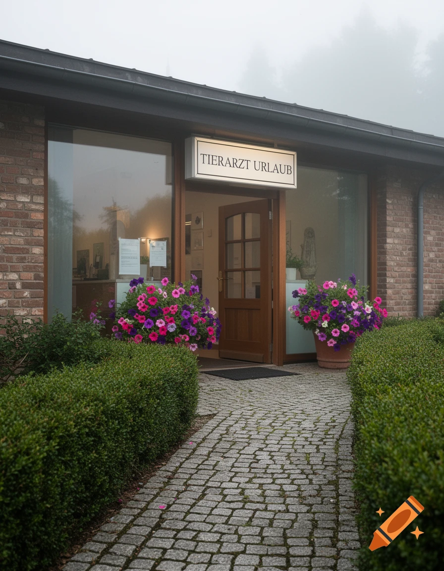 Photorealistic image of a veterinarian's office entrance with a 'TIERARZT URLAUB' sign, pink and purple flowers, green hedges, and a cobblestone path.