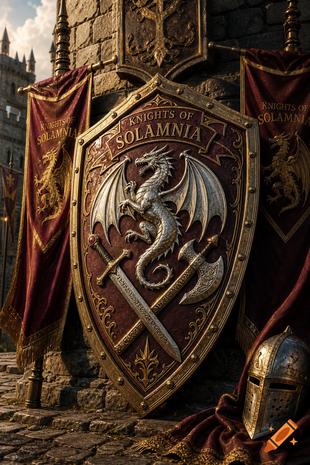 An ornate medieval shield with a silver dragon, crossed sword and axe, and 'KNIGHTS OF SOLAMNIA' text, next to red banners and a helmet by a castle wall.