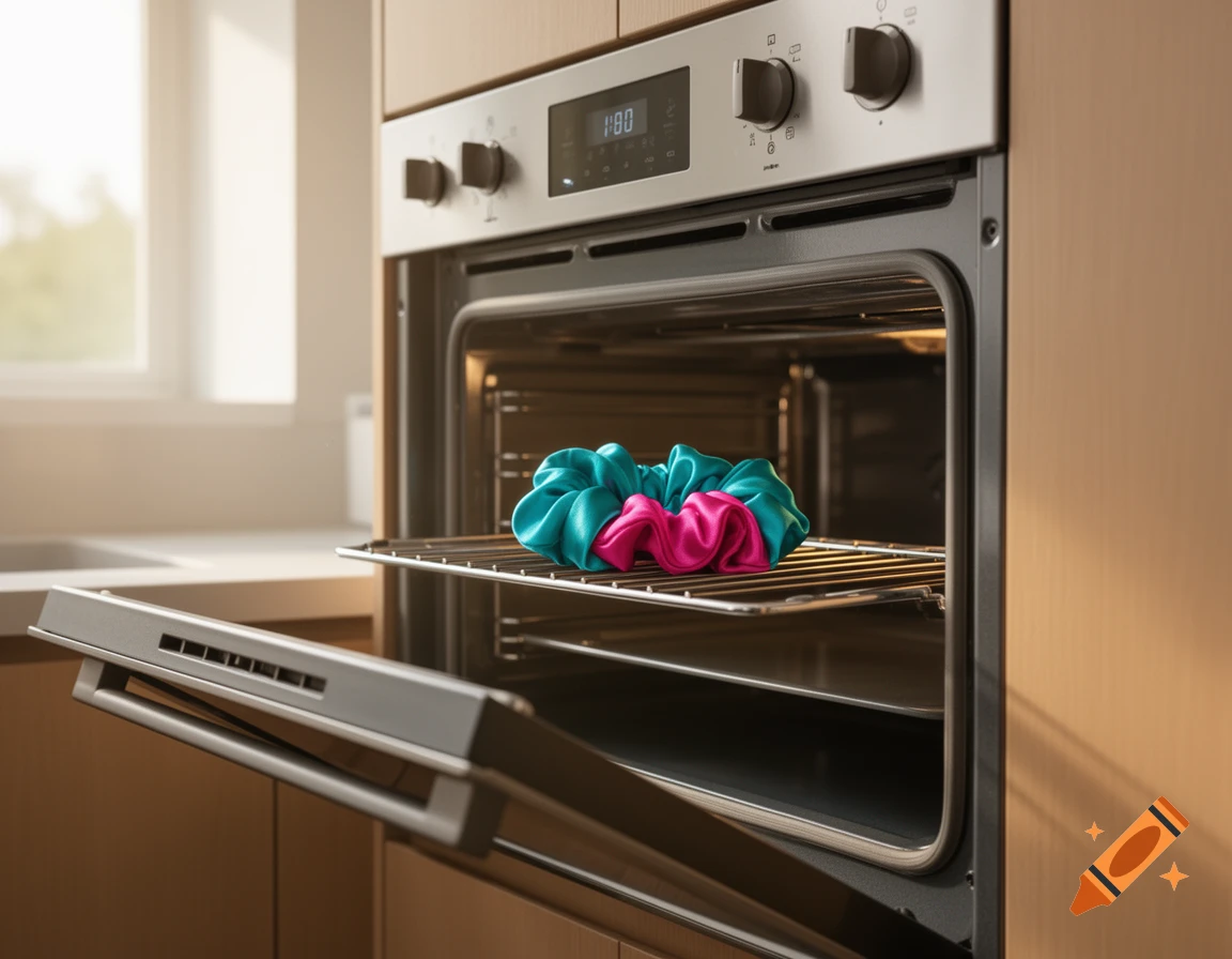 A teal and pink scrunchie rests on the rack of an open, modern kitchen oven.