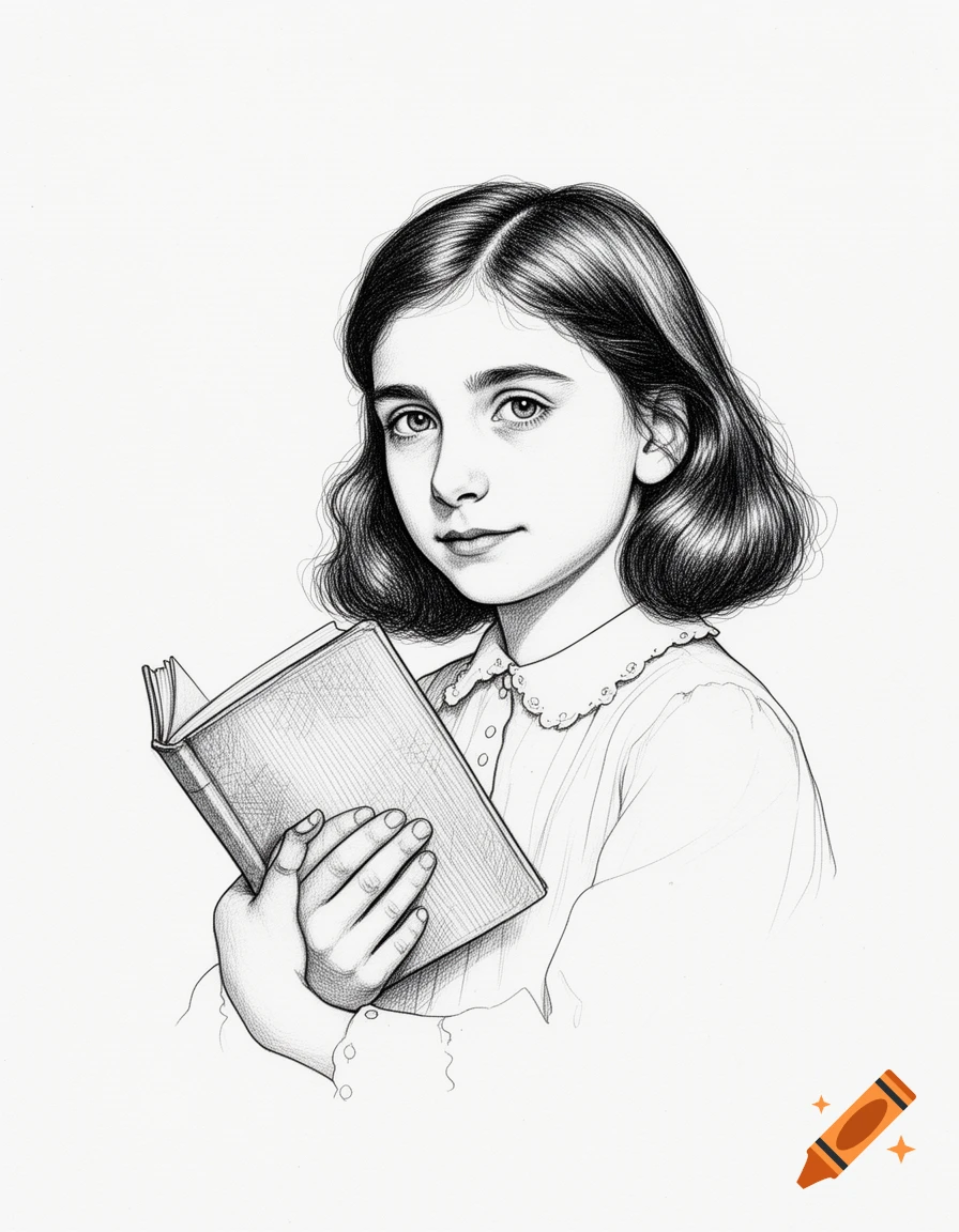 Pencil drawing of a young girl with dark wavy hair, looking forward while holding a closed book.