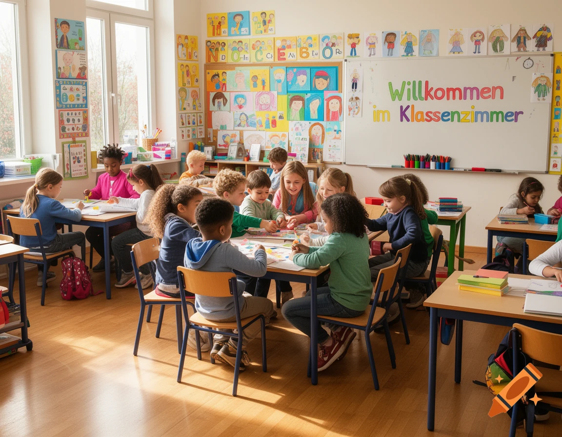 A bright, sunny classroom filled with diverse children of various ages sitting at desks, engaged in drawing and learning activities.