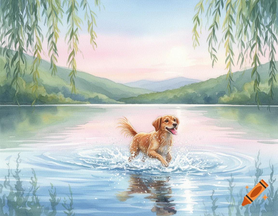 Watercolor painting of a golden dog splashing in a serene lake with mountains and willow branches.