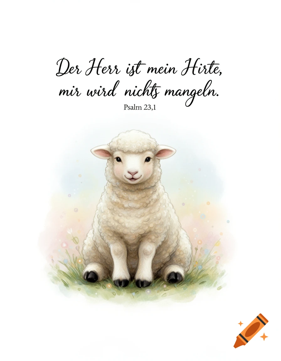 A cute, fluffy white lamb sits on grass with a soft watercolor background. A German religious quote from Psalm 23,1 is written above it.