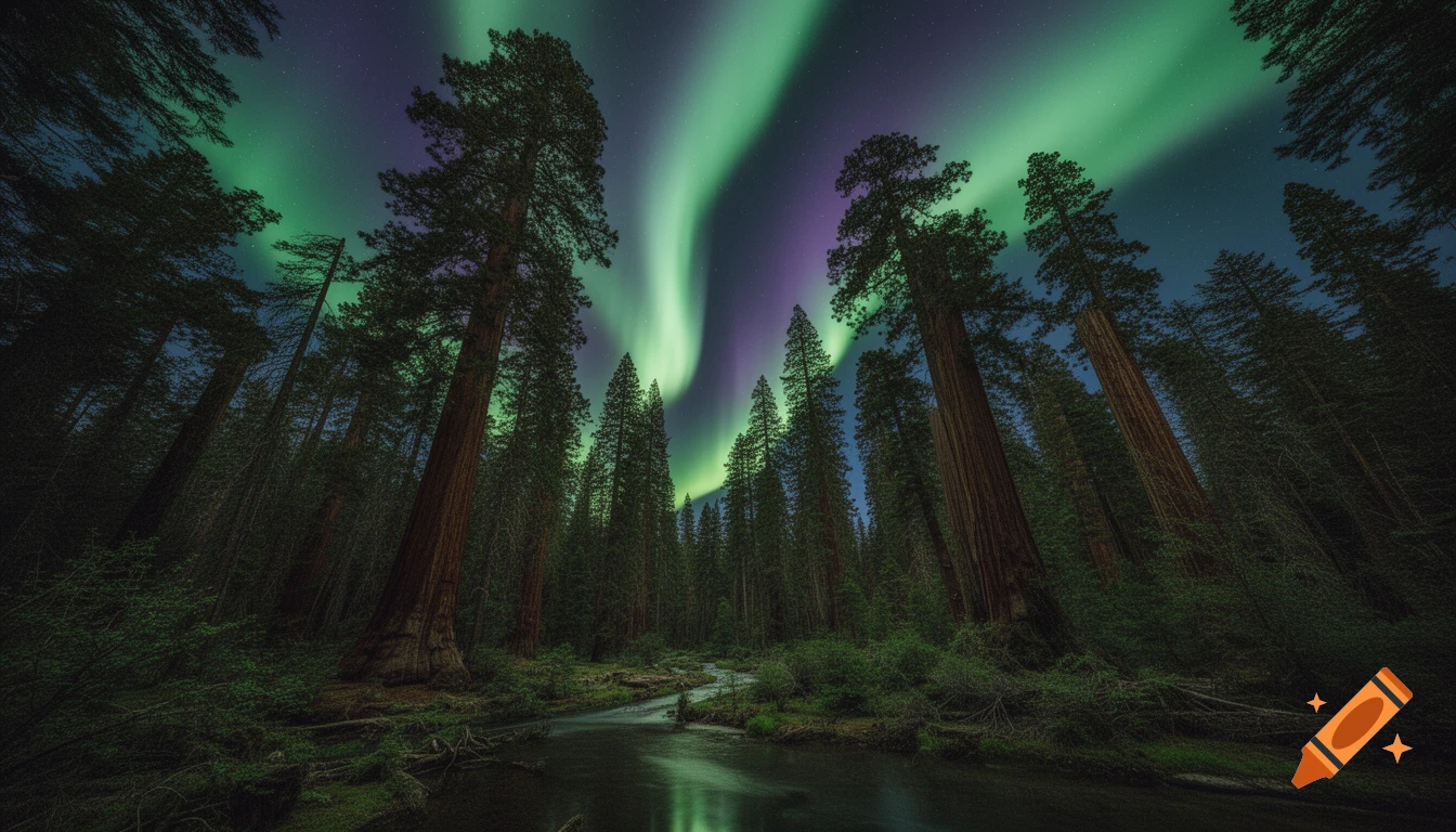 A photorealistic view of a dense redwood forest at night, with a winding river reflecting the vibrant green and purple aurora borealis.