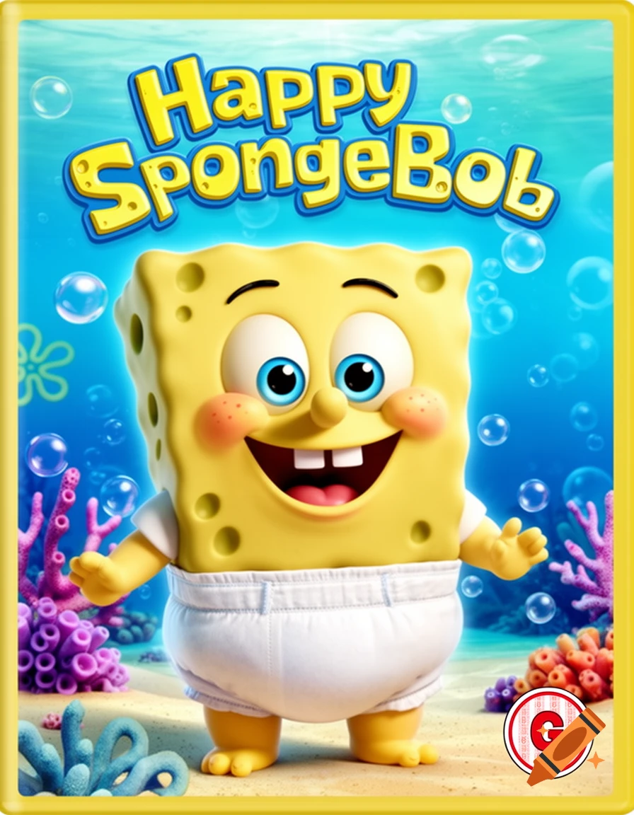 A colorful DVD cover features a smiling baby SpongeBob in a diaper underwater, with text 'Happy SpongeBob' and a 'G' rating.