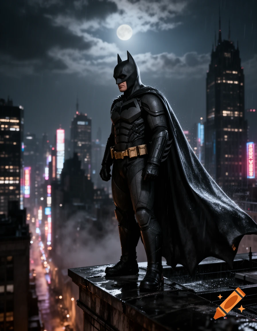 Batman stands on a rain-slicked rooftop overlooking a sprawling, neon-lit city at night, under a full moon.