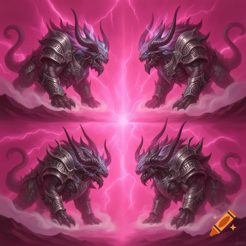 Four armored fantasy behemoths with horns and glowing blue eyes, posed against a hot pink background with bright pink lightning.