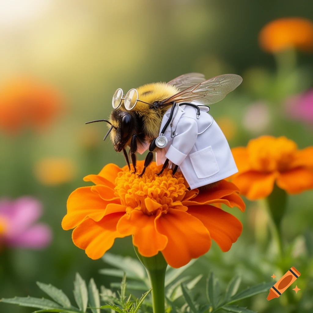 A photorealistic bumblebee wears tiny glasses and a white doctor's lab coat with a stethoscope, standing on a bright orange marigold flower.
