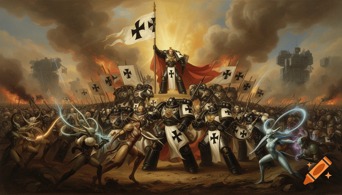 A dramatic oil painting of a fantasy battle, with an armored commander holding a flag featuring a black cross, leading warriors against alien foes amidst smoke and fire.