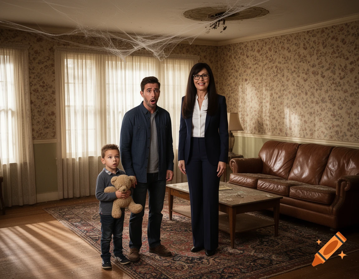 A real estate agent shows a dirty, cobweb-filled house to a man and a child holding a teddy bear, all looking surprised.