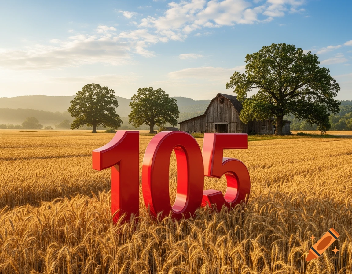 A large red '105' stands in a golden wheat field with a rustic barn, trees, and hills under a blue sky.