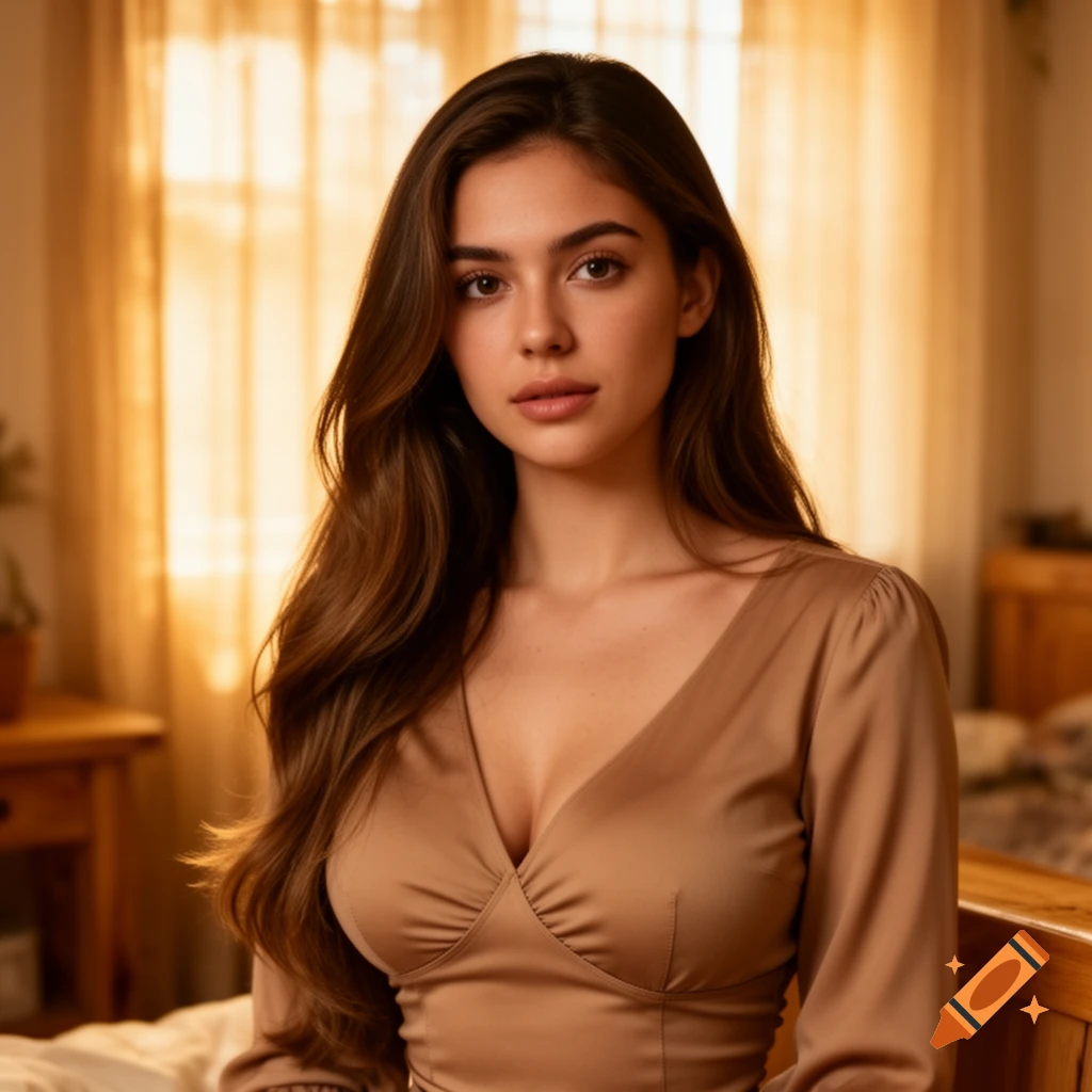 Photorealistic portrait of a young woman with long brown hair in a beige top, looking at the camera in a warmly lit room.