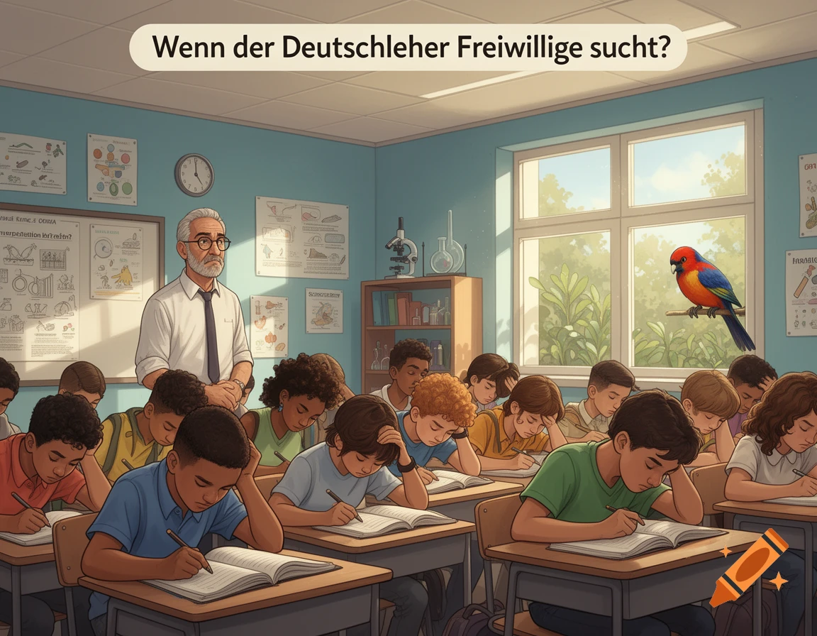 Illustrated classroom scene with a teacher looking at students who are avoiding eye contact, and a colorful parrot on a branch outside the window.