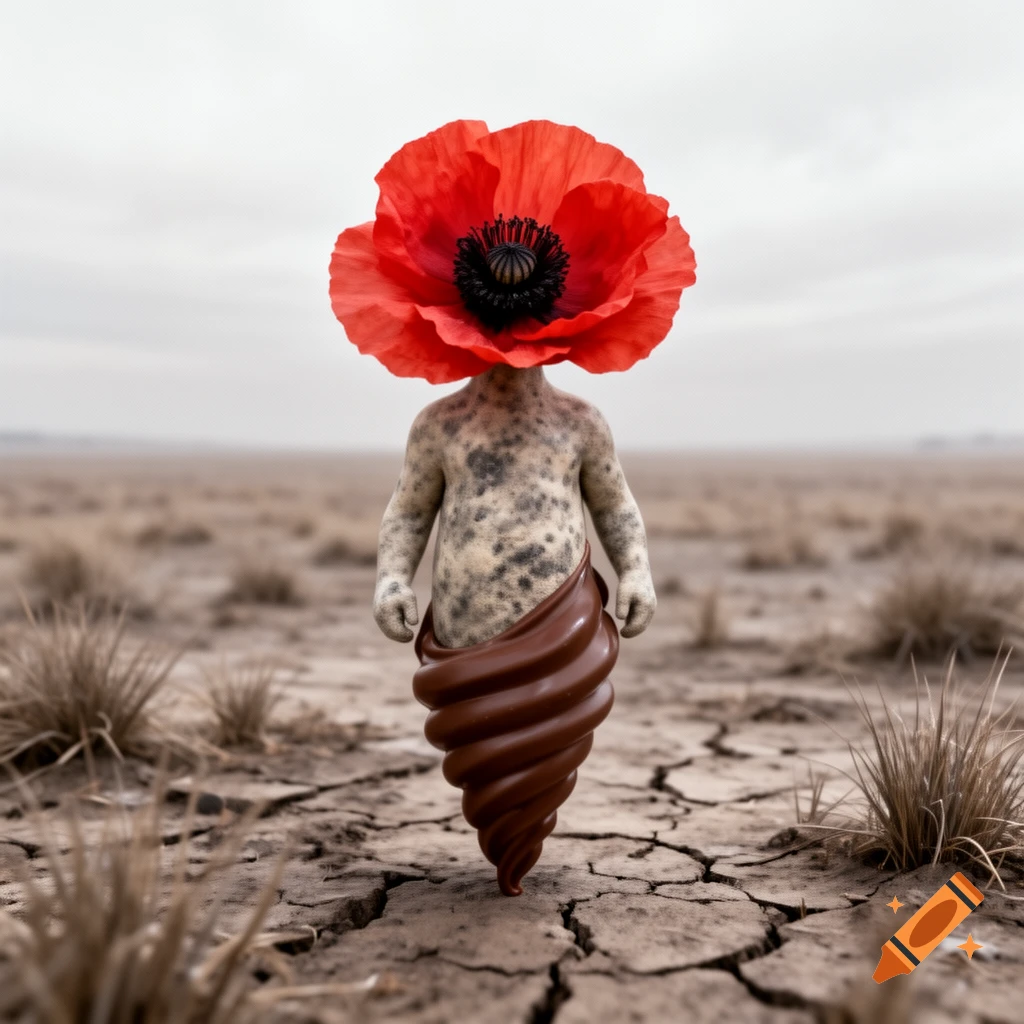 A creature with a giant red poppy flower for a head, a mottled human-like torso, and a brown spiral lower body stands in a cracked desert.