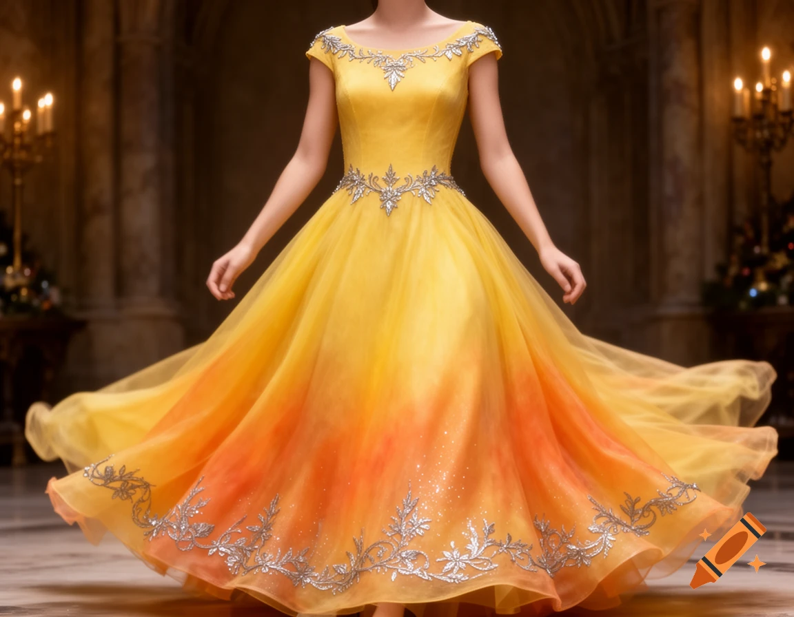 Elegant yellow-orange ombre gown with silver embroidery worn by a person in a candlelit ballroom, photorealistic style.