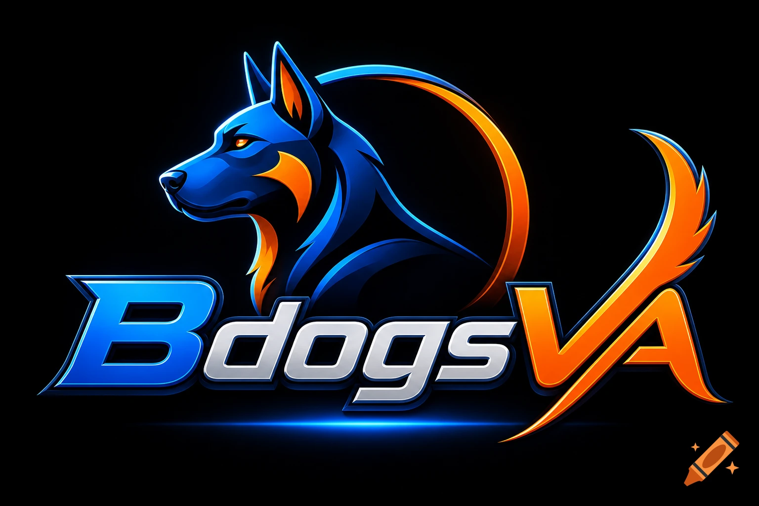 A stylized blue and orange wolf head logo above the metallic text "BdogsVA" with a blue glow.