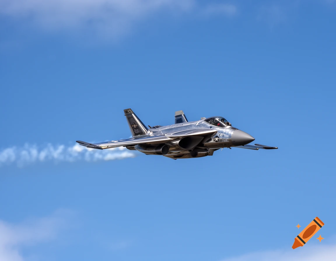 A silver military jet with clear cockpit flies horizontally through a bright blue sky, leaving a white contrail.