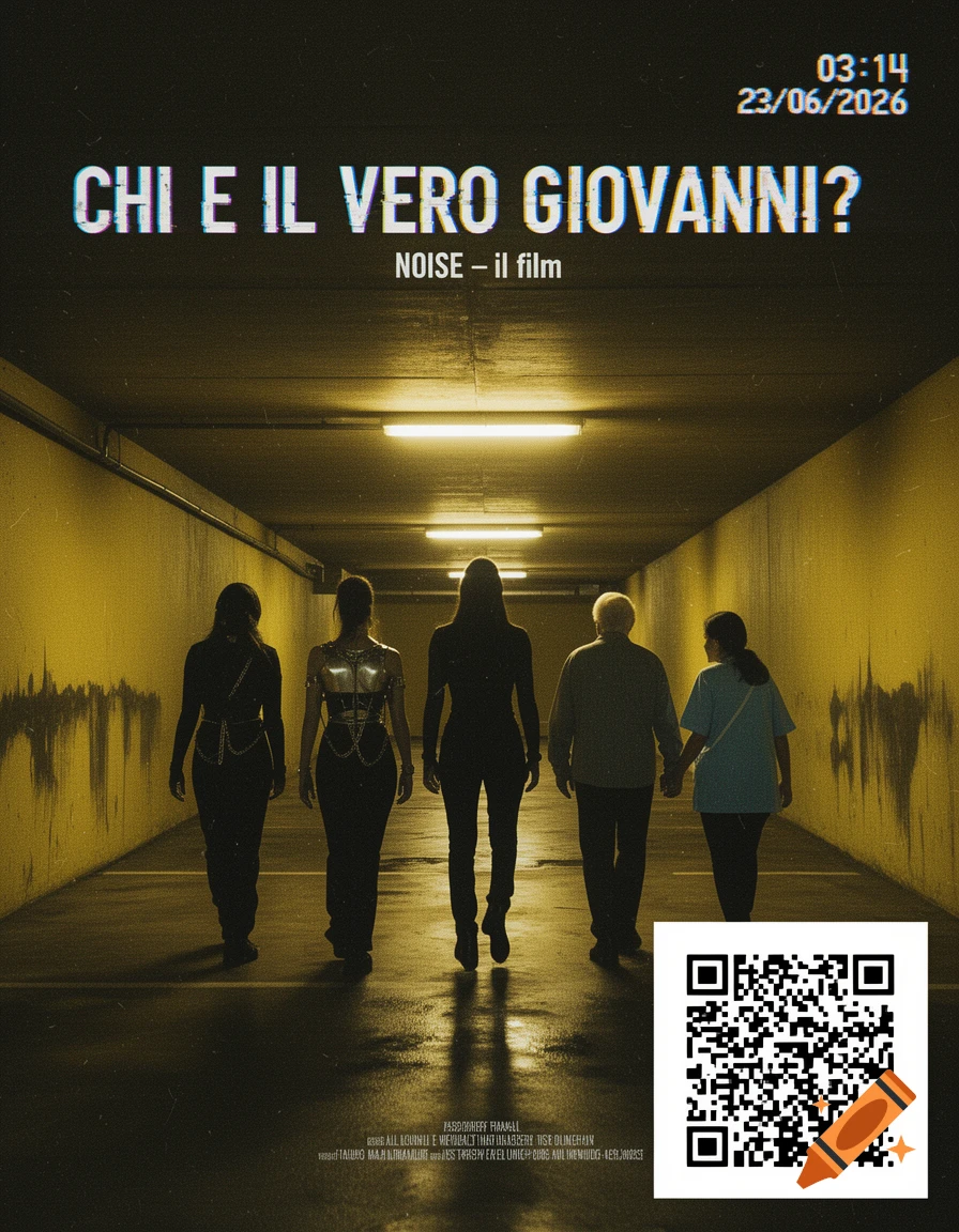 An analog horror movie poster showing five silhouettes walking down a dim, yellow-lit underground parking corridor, with glitched text and a timestamp.