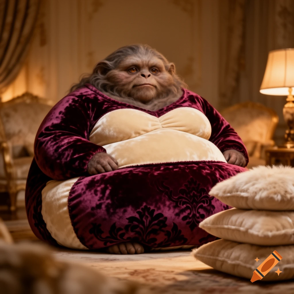 A plump, ape-like creature with grey fur in a burgundy velvet dress sits on a patterned rug in a luxurious room.