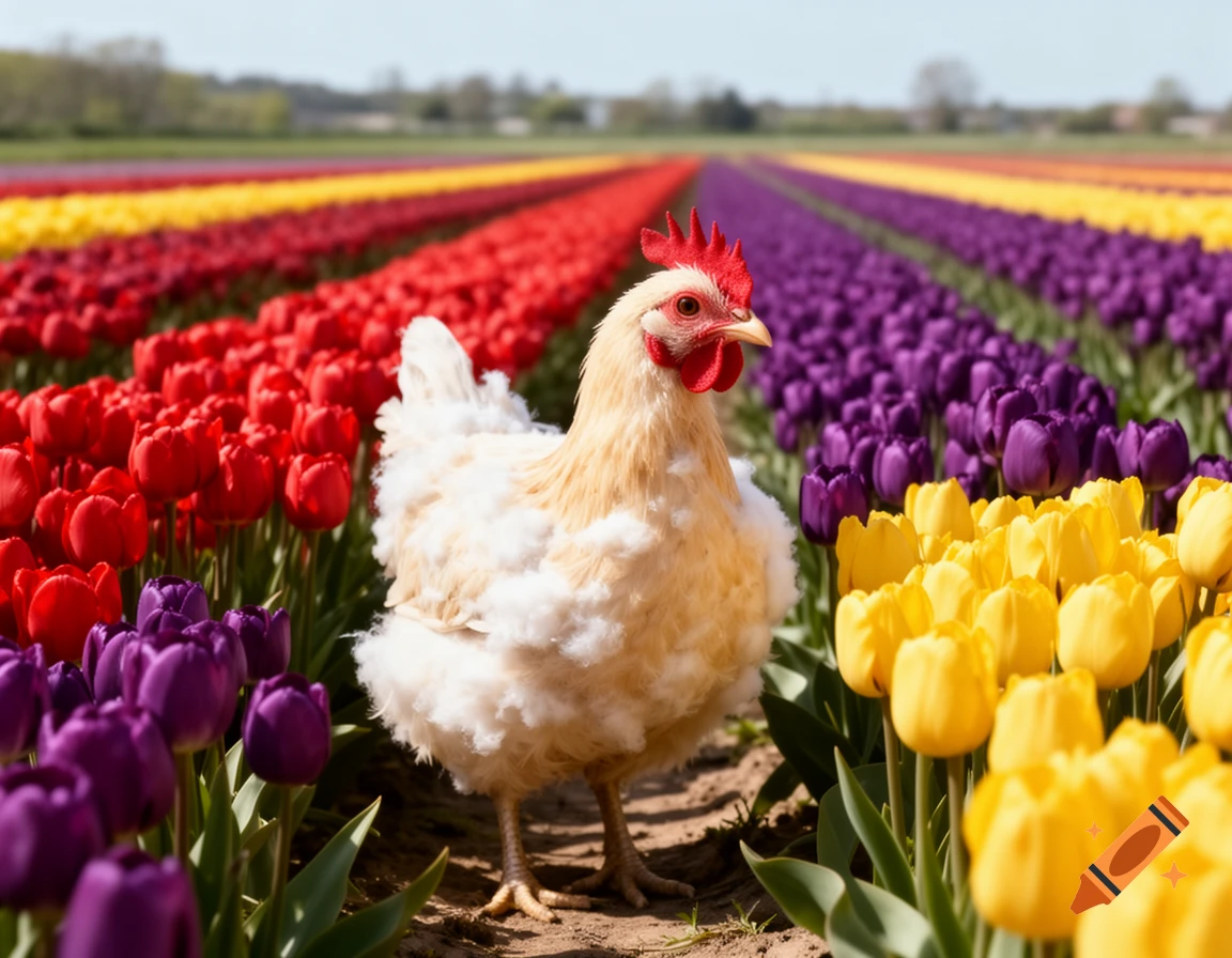 A fluffy light brown and white chicken with a red comb stands in a vibrant field of colorful red, yellow, and purple tulips.