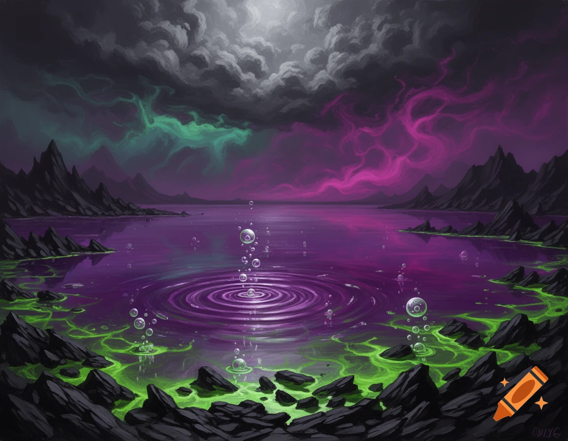 A surreal alien landscape with a dark purple lake, glowing green shorelines, bubbles, jagged mountains, and stormy green and pink clouds.