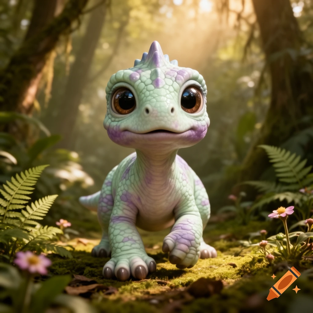 A cute, big-eyed baby dinosaur with green and purple scales walks through a sunlit, mossy forest.