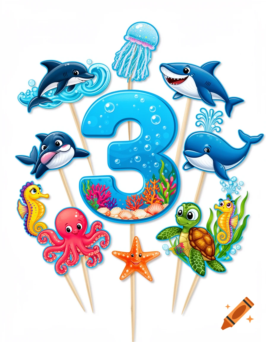 Colorful cartoon ocean-themed decoration set featuring dolphins, sharks, an octopus, a turtle, seahorses, a starfish, and a large blue number 3.