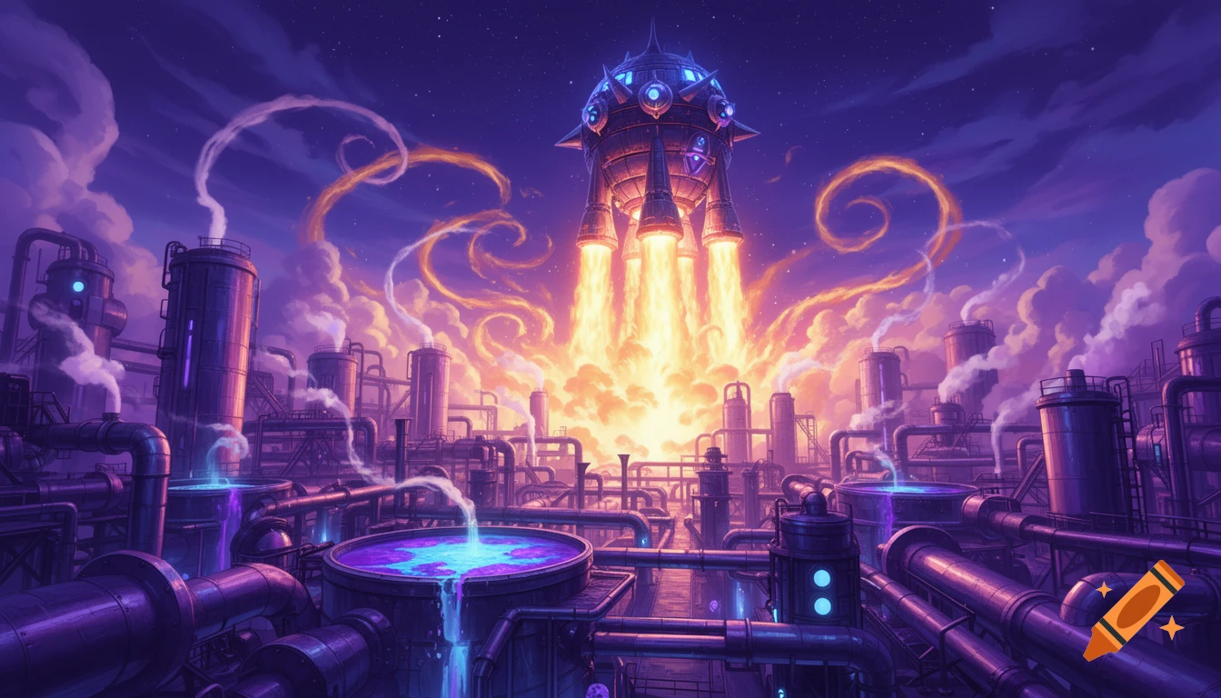 A vibrant, stylized sci-fi scene of a 'Death Egg' rocket launching from a glowing chemical plant under a purple starry sky.
