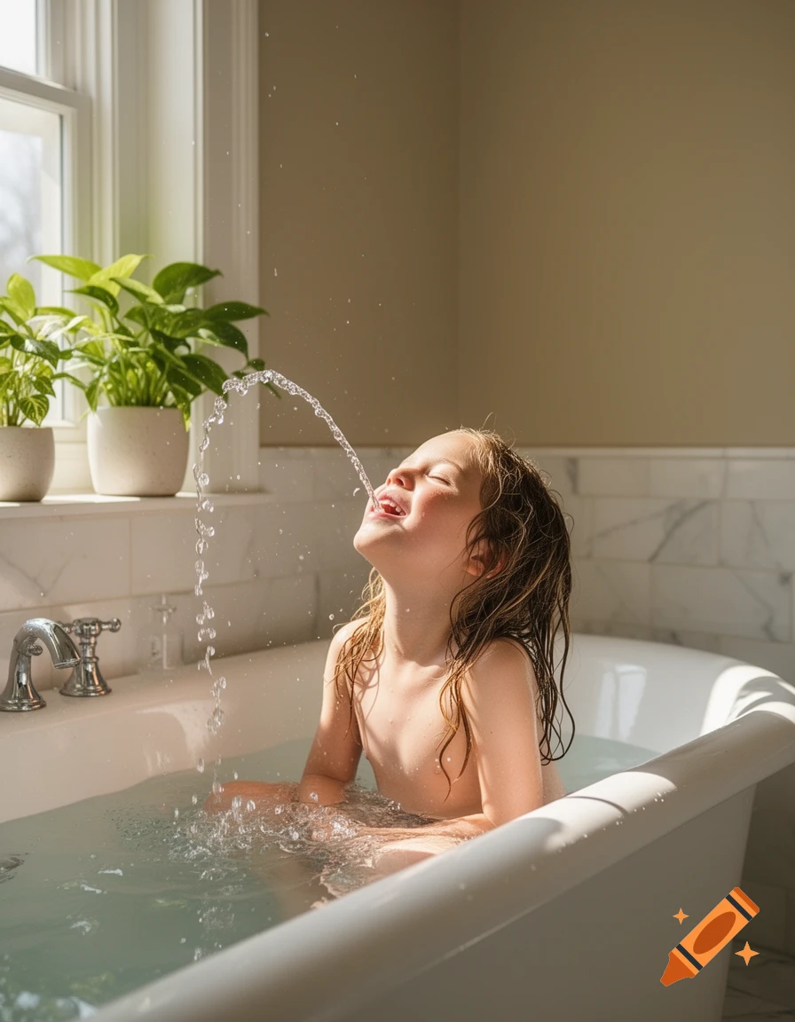 A smiling child splashes water in a bathtub, with sunlight streaming through a window.
