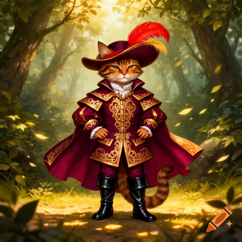 A cat in a red and gold feathered hat and matching velvet coat, standing in a sunlit forest.