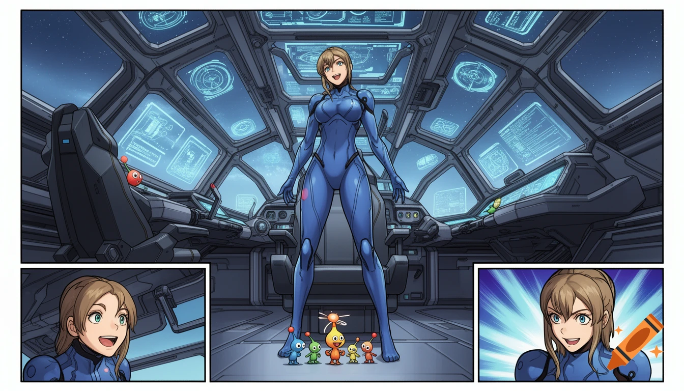 Zero Suit Samus Aran stands in her gunship cockpit, towering over tiny Captain Olimar and various Pikmin on the floor, in an anime comic style.