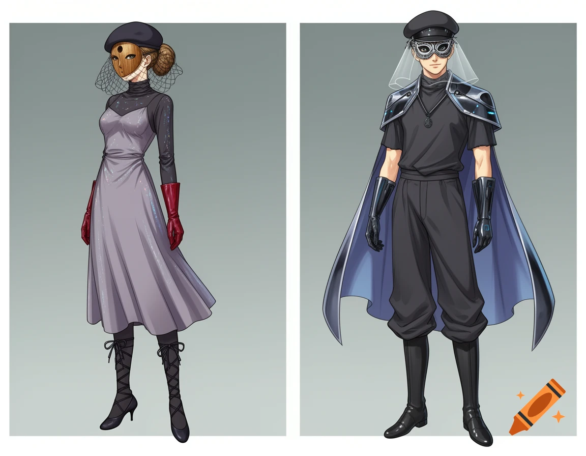 Two anime-style characters, a woman in a grey dress and red gloves with a wooden mask, and a man in a black outfit and blue cape with a silver masquerade mask, in a clean art style.