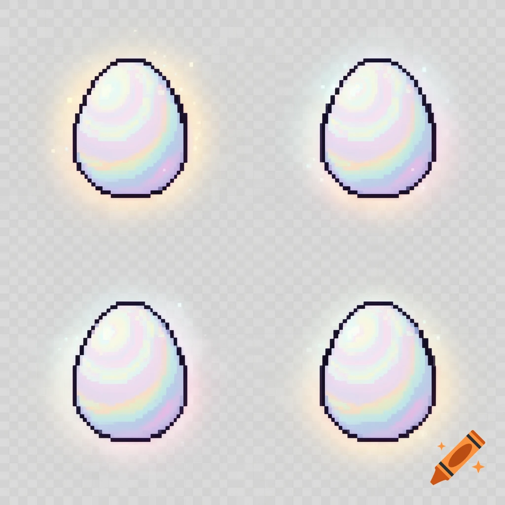 Four pastel pixel art eggs with soft glows, arranged as an animation sprite sheet on a transparent background.