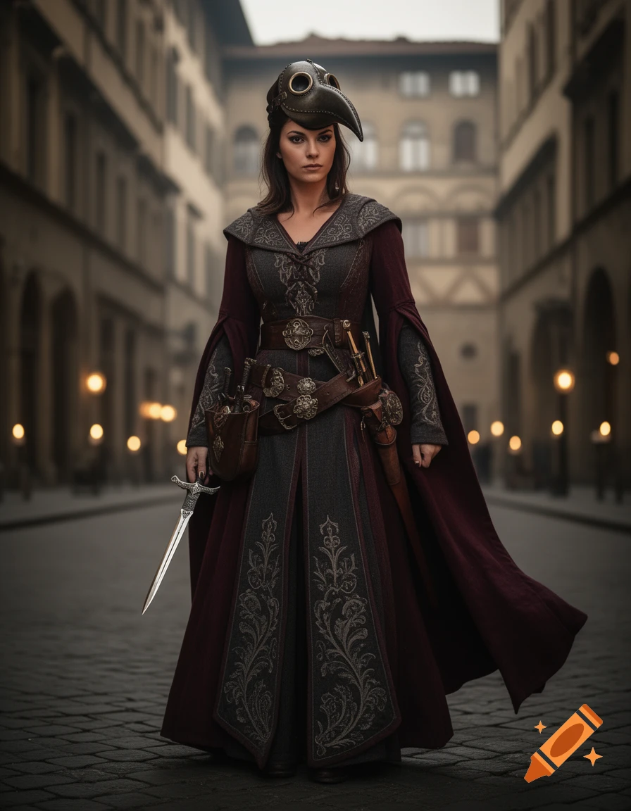 A woman in Renaissance-era assassin robes and a plague doctor mask holds a dagger on an old European street.