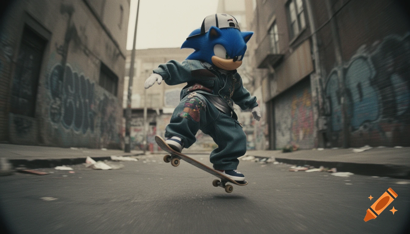 Sonic the Hedgehog in baggy clothes and a backwards cap street skating on a gritty urban street, fisheye view.